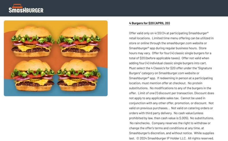 4 cheeseburgers = $20 today at Smashburger restaurants