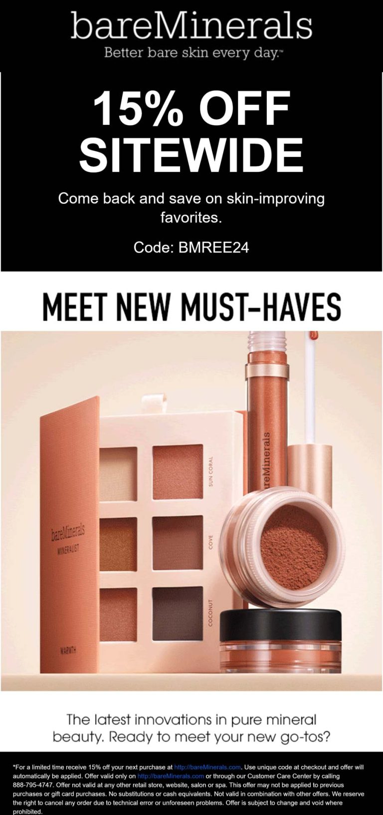 15% off everything online at bareMinerals via promo code BMREE24