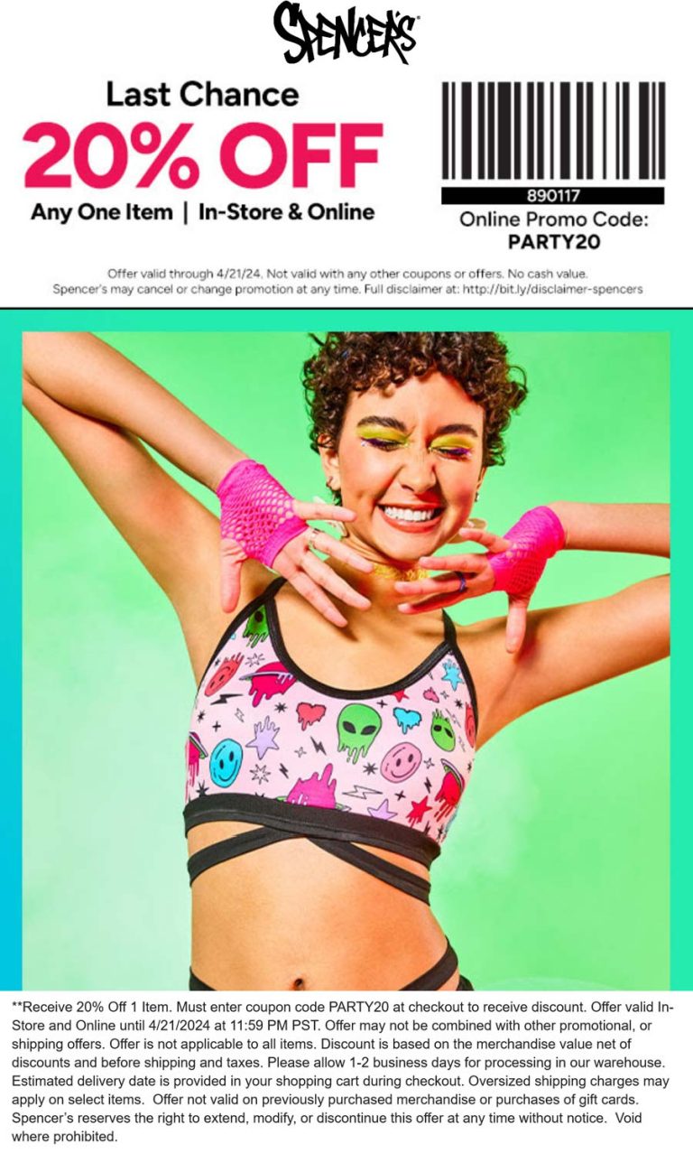 20% off a single item today at Spencers, or online via promo code PARTY20