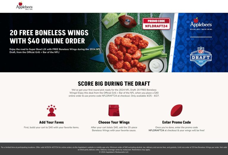 20 free boneless wings on $40 online at Applebees restaurants via promo code NFLDRAFT24