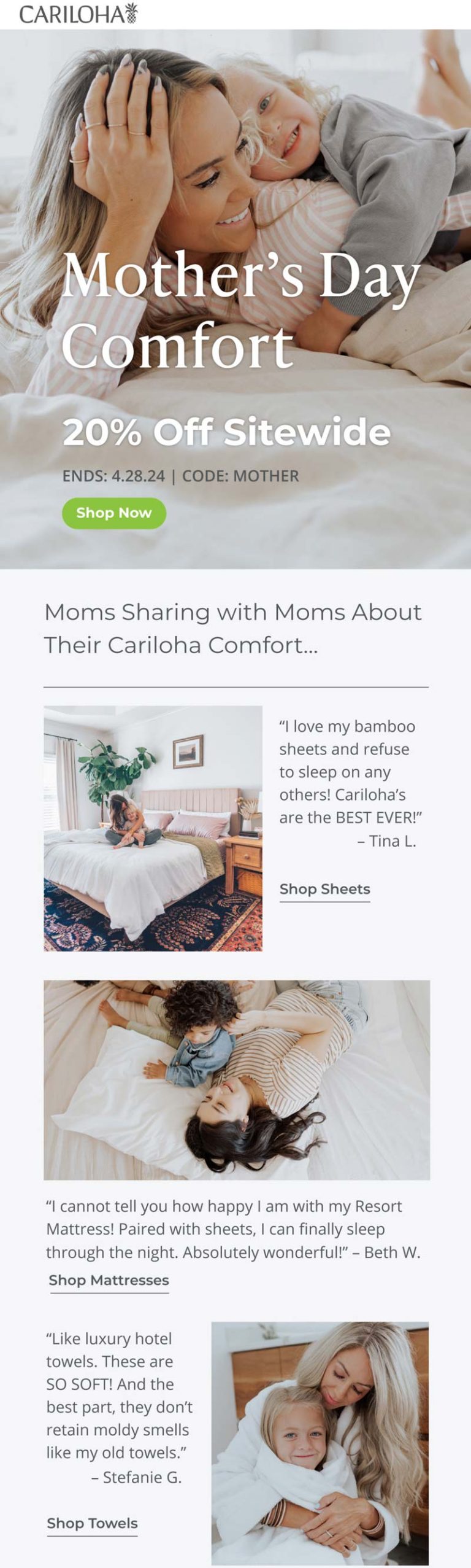 20% off everything online at Cariloha via promo code MOTHER