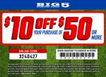 $10 off $50 today at Big 5 sporting goods, or online via promo code 3240427 #big5