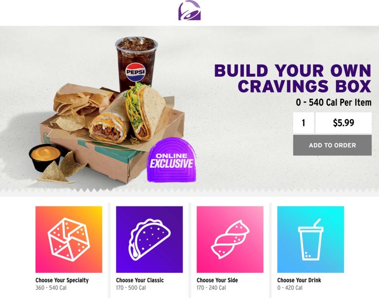 Build your own cravings box meal for $6 online at Taco Bell