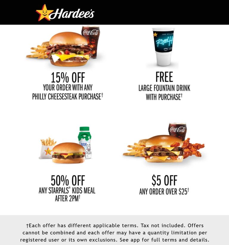 $5 off $25 & more via mobile at Hardees restaurants