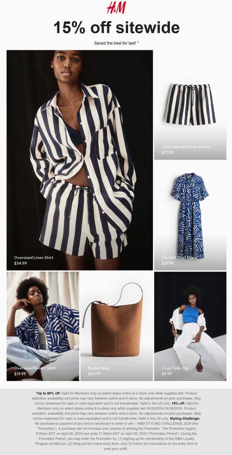 H&M coupon: 15% off everything today at H&M, ditto online
