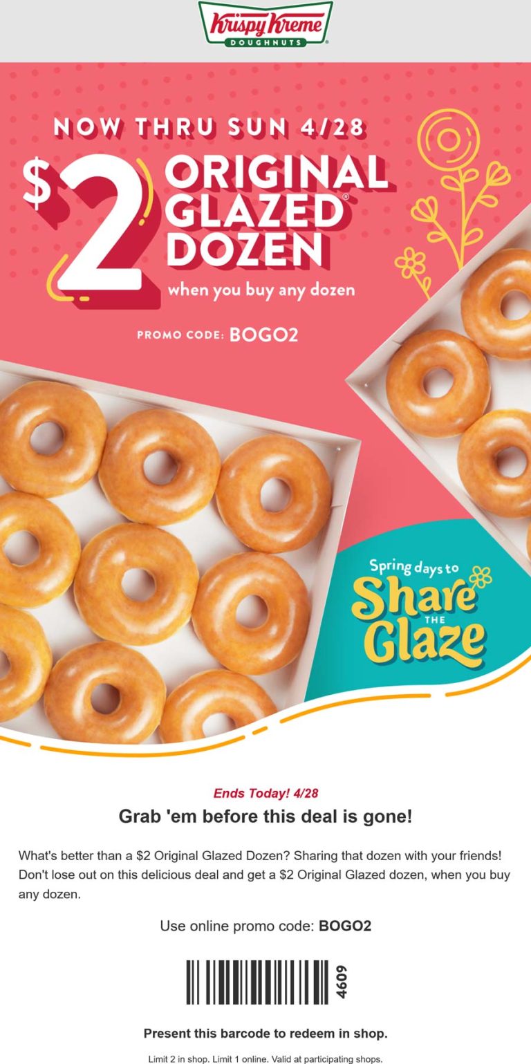 Second dozen doughnuts $2 today at Krispy Kreme, or online via promo code BOGO2