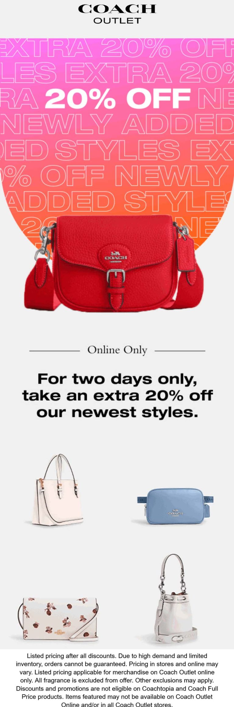 20% off new arrivals at Coach Outlet
