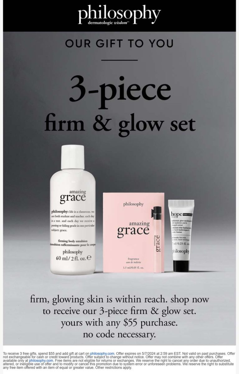 3 free gifts on $55 at Philosophy