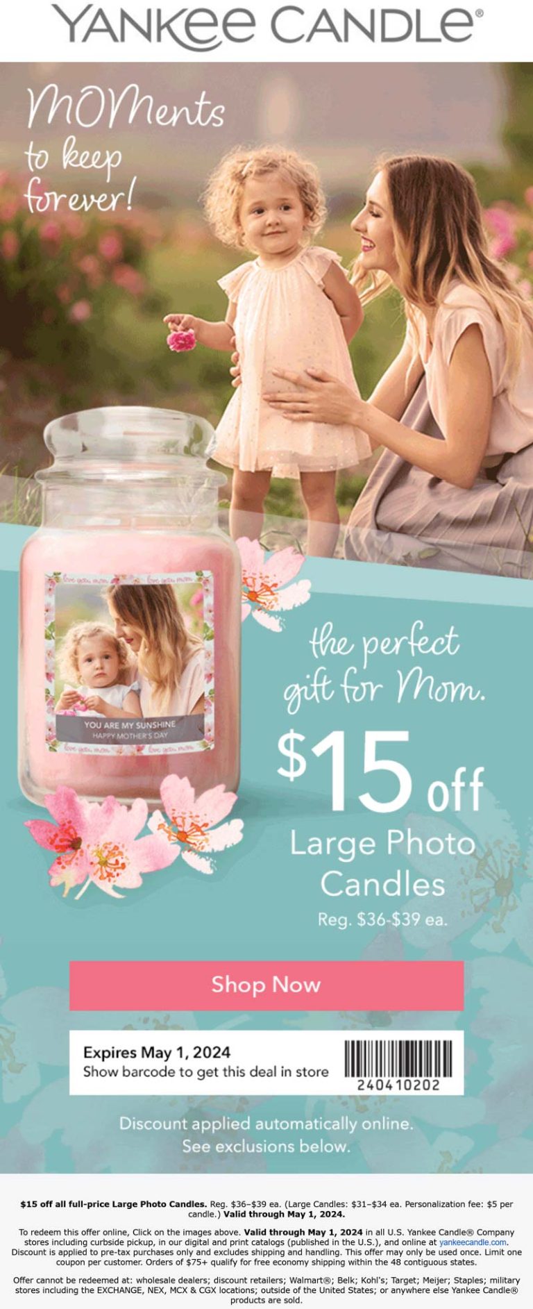 $15 off large photo candles at Yankee Candle
