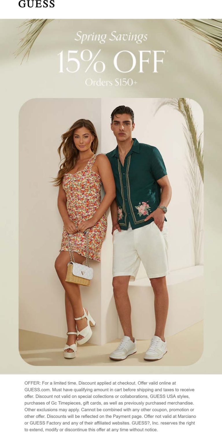 15% off $150 online at GUESS