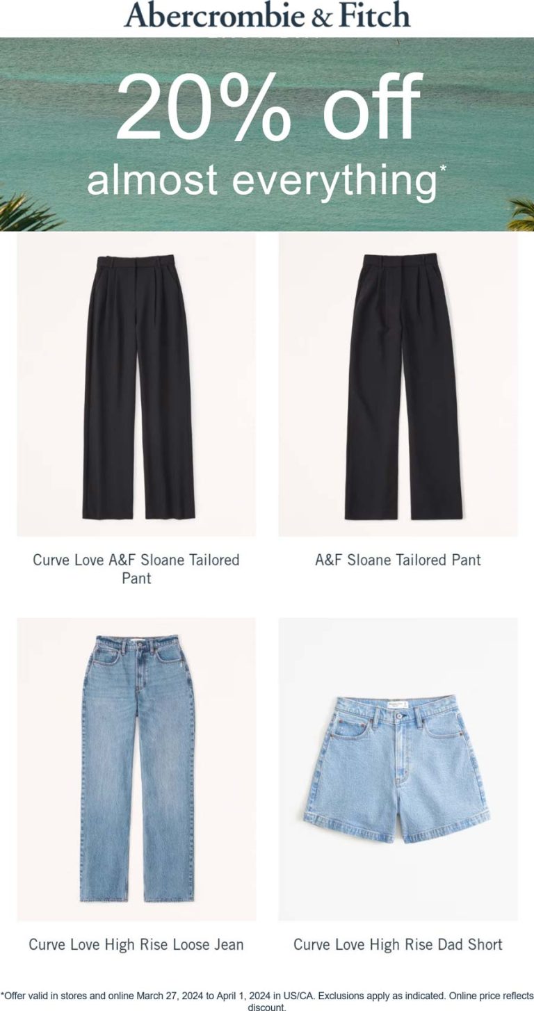 Abercrombie & Fitch coupon: 20% off today at Abercrombie & Fitch, ditto online