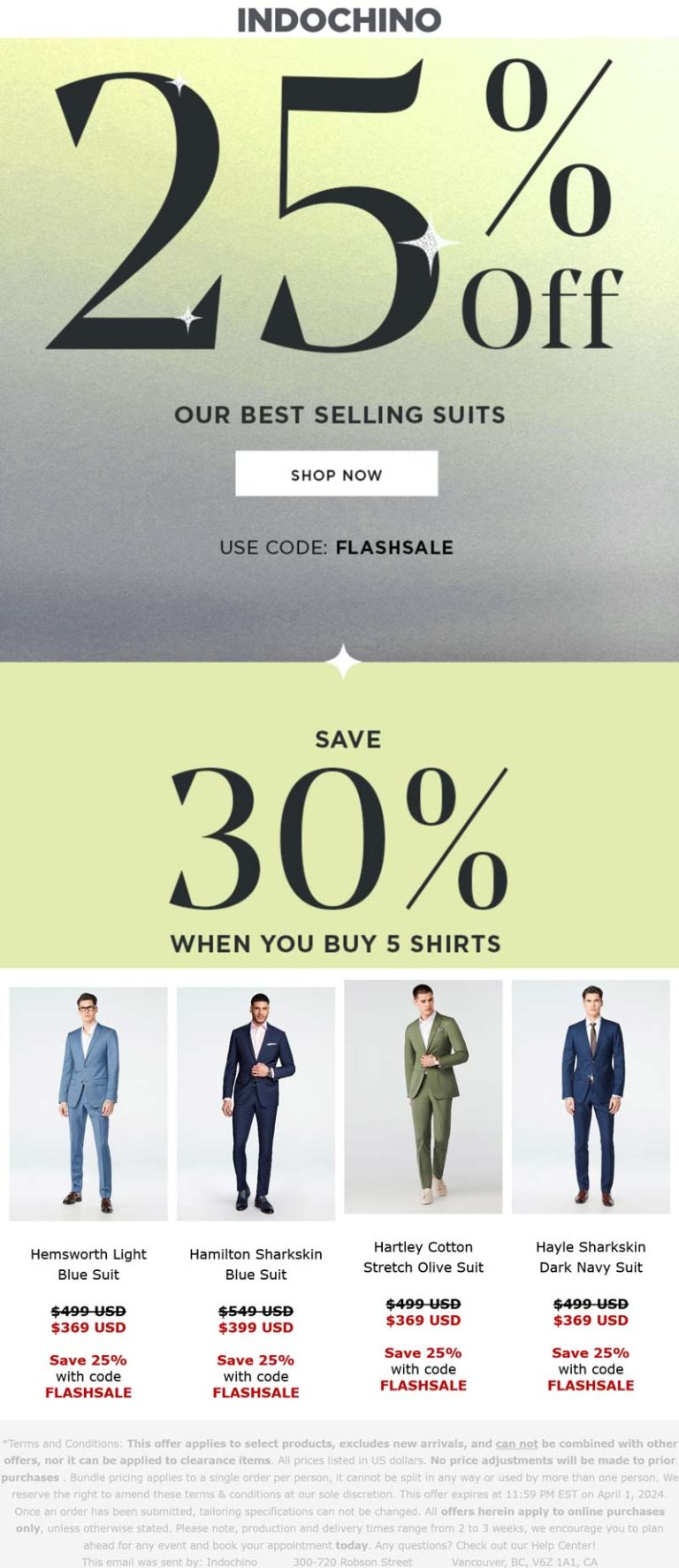 25-30% off custom suits today at INDOCHINO via promo code FLASHSALE