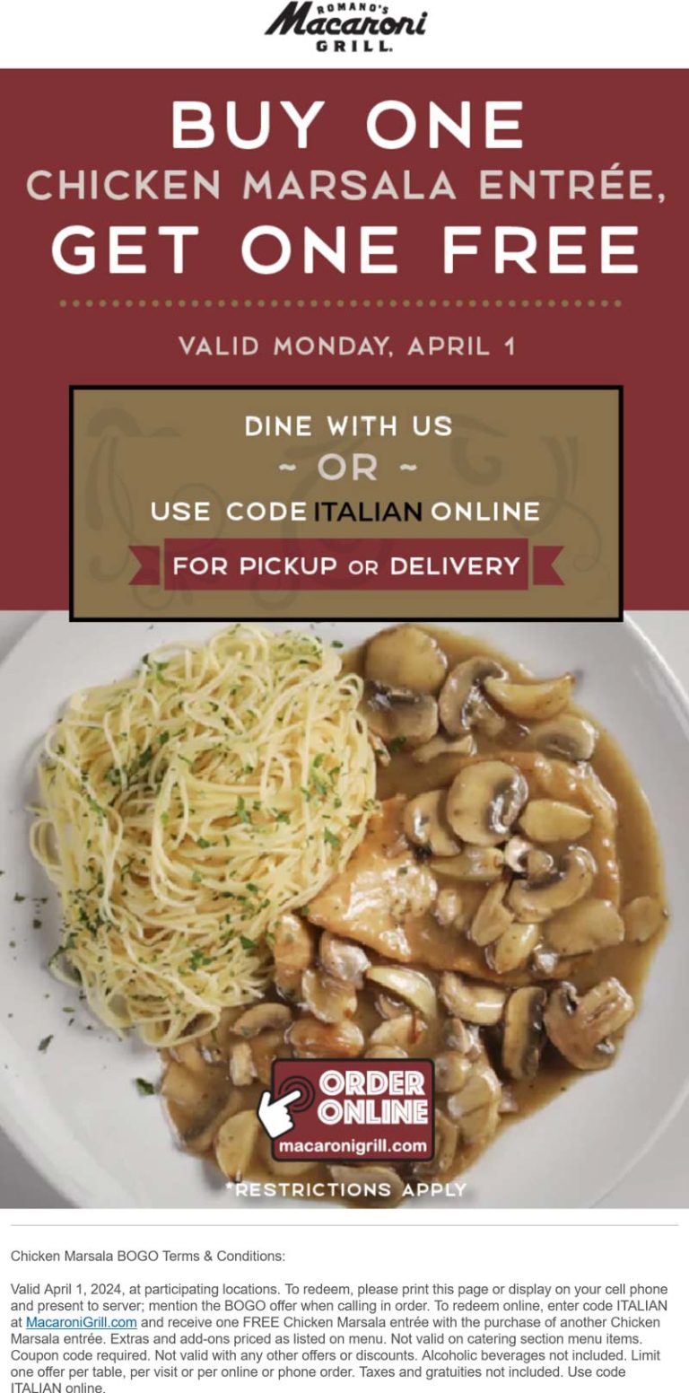 Second chicken marsala entree free today at Macaroni Grill