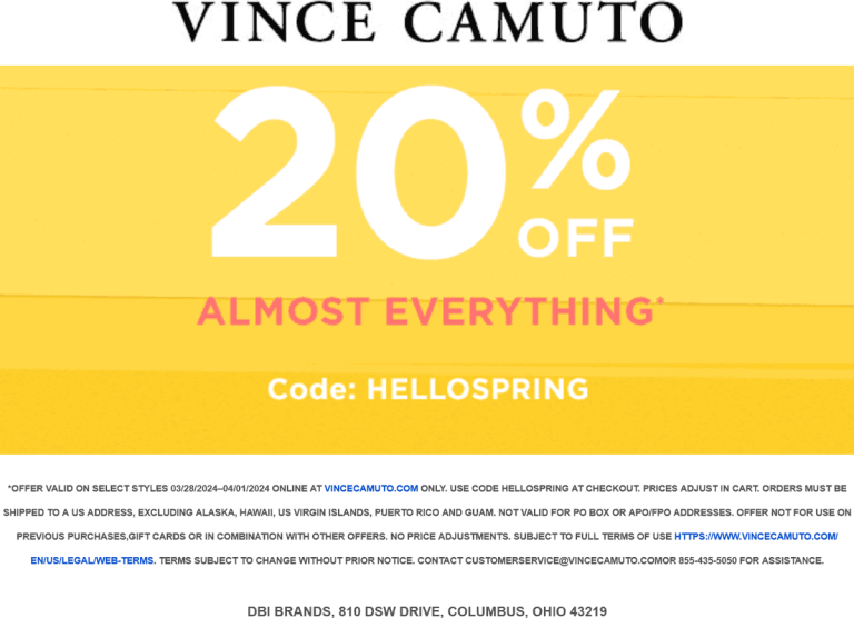 20% off online today at Vince Camuto via promo code HELLOSPRING