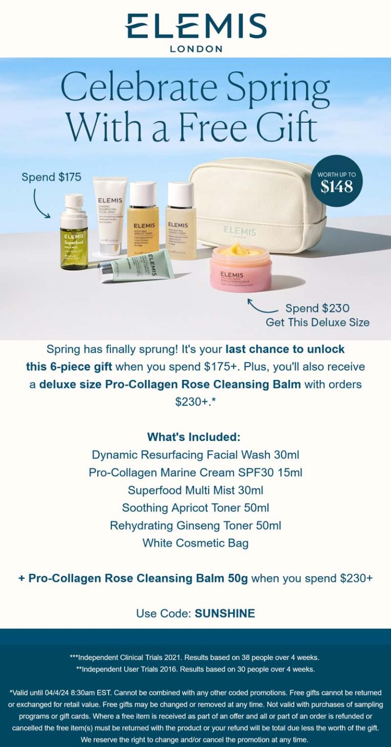 Free deluxe 6pc set & more on $175+ at Elemis via promo code SUNSHINE