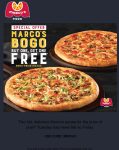 Second pizza free today at Marcos via promo code MBOGO #marcos