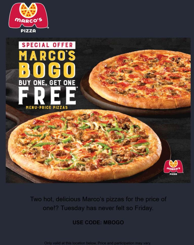 Second pizza free today at Marcos via promo code MBOGO