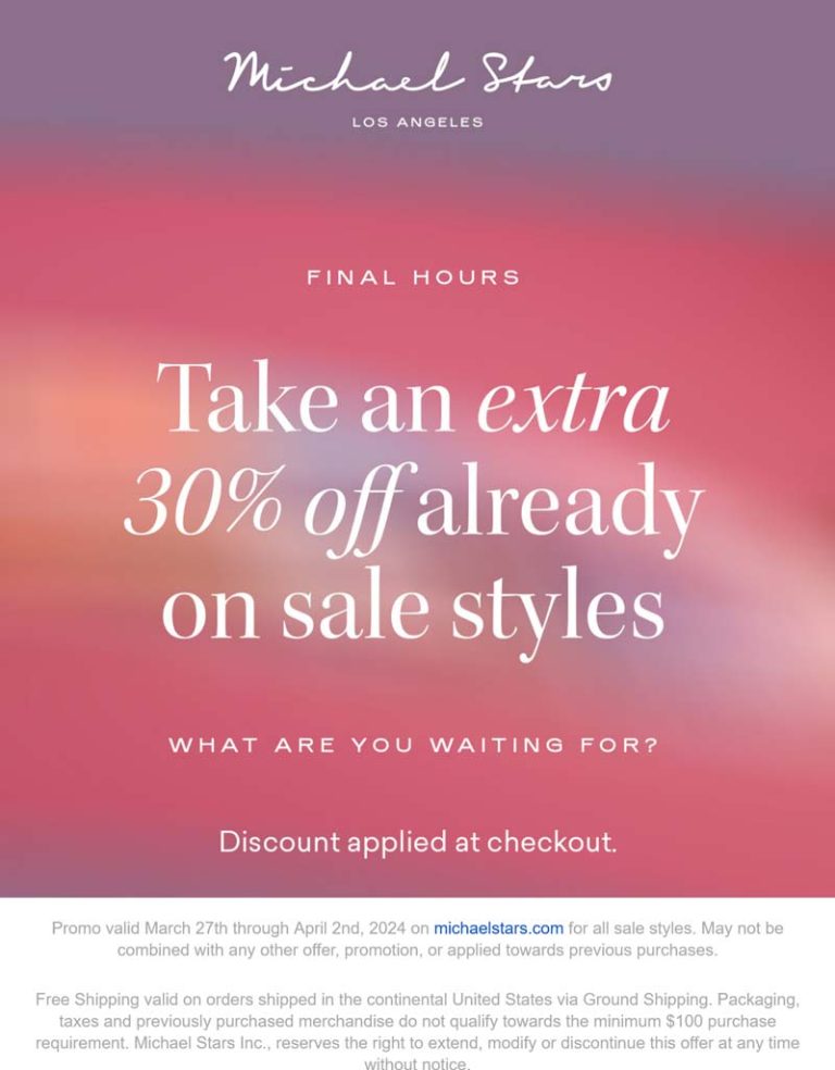 Extra 30% off sale styles online today at Michael Stars
