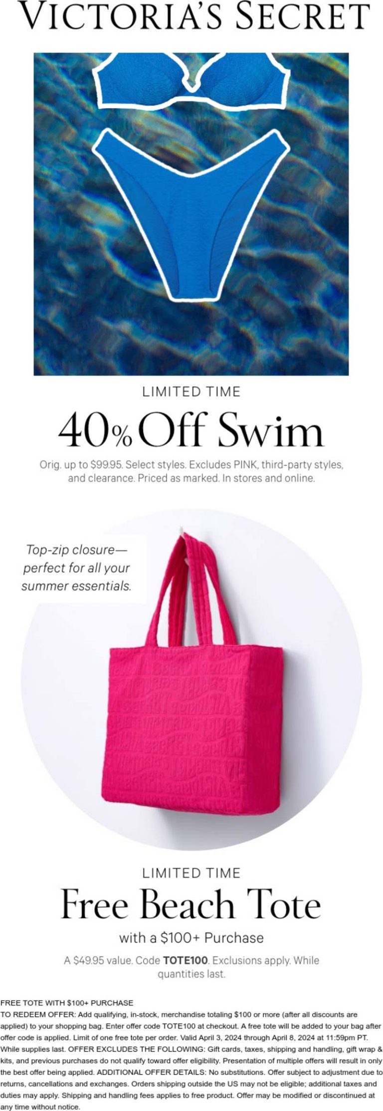 Free beach tote on $100 & 40% off swim at Victorias Secret via promo code TOTE100