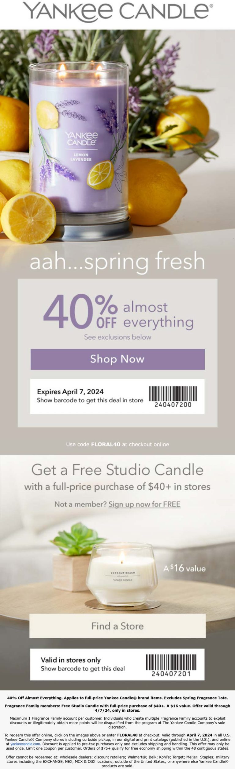 40% off + free studio candle on $40 at Yankee Candle