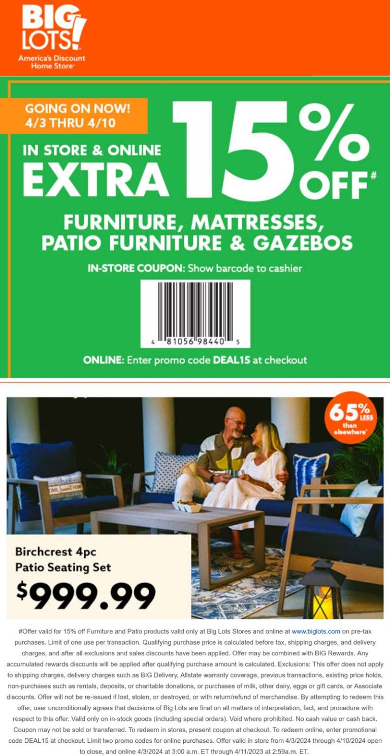 15% off furniture & patio at Big Lots, or online via promo code DEAL15