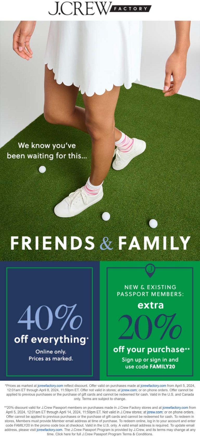 40% off everything online at J.Crew Factory via promo code FAMILY20
