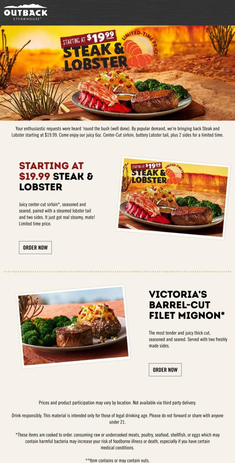 Steak + lobster = $20 at Outback Steakhouse