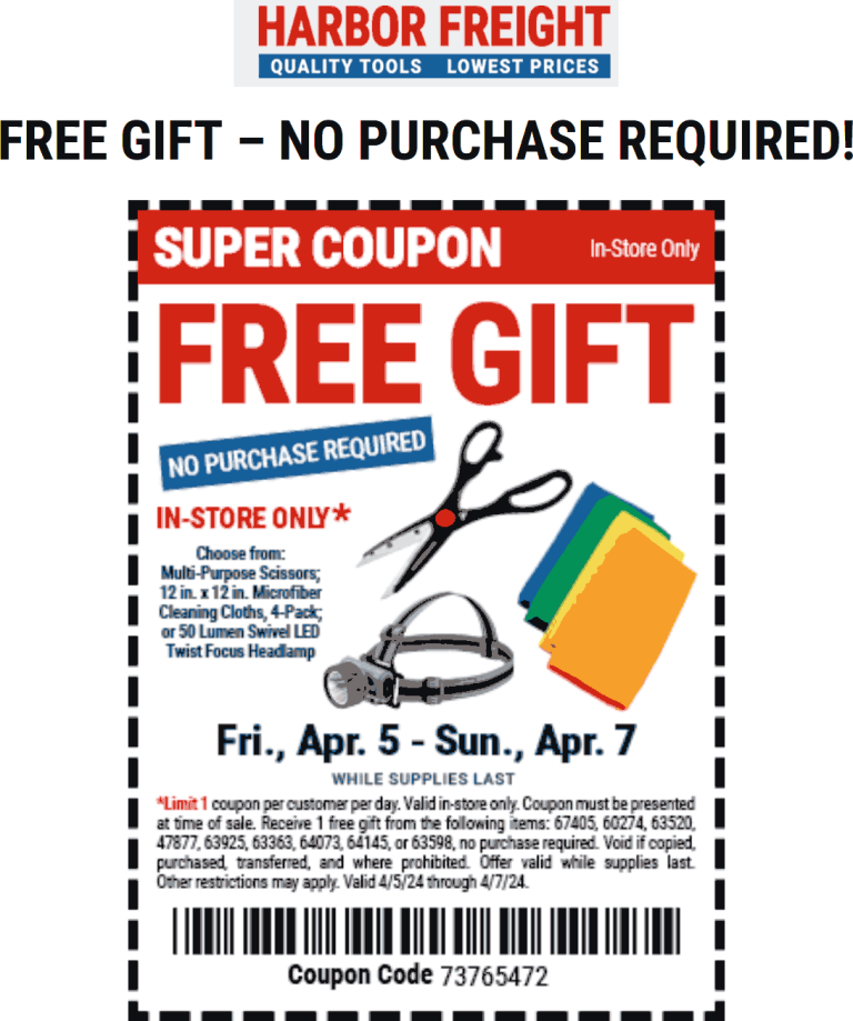 Free scissors, headlamp or microfibers today at Harbor Freight Tools