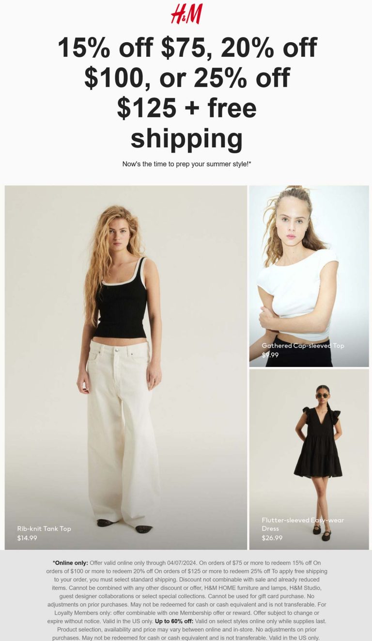 H&M coupon: 15-25% off $75+ online today at H&M