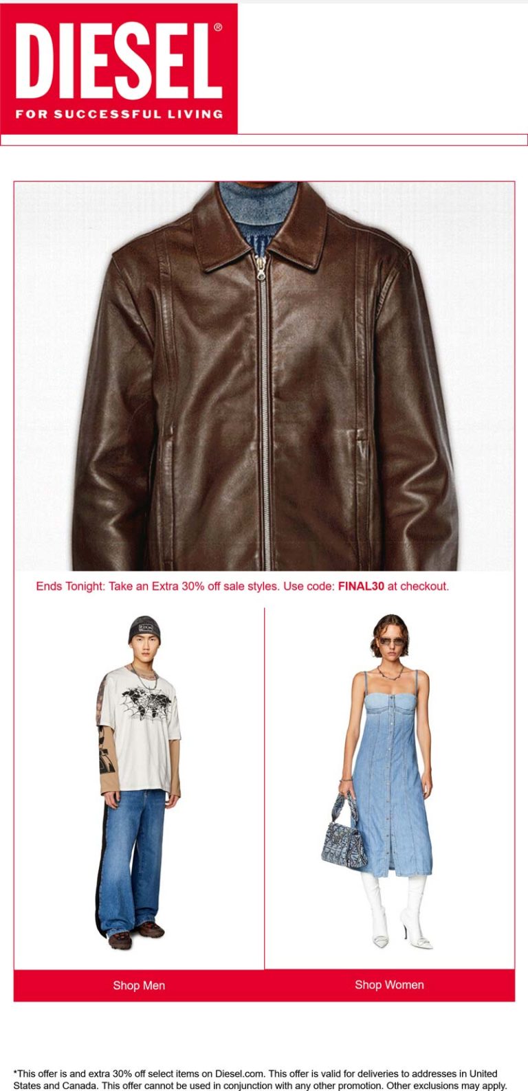 Extra 30% off sale styles today online at Diesel via promo code FINAL30