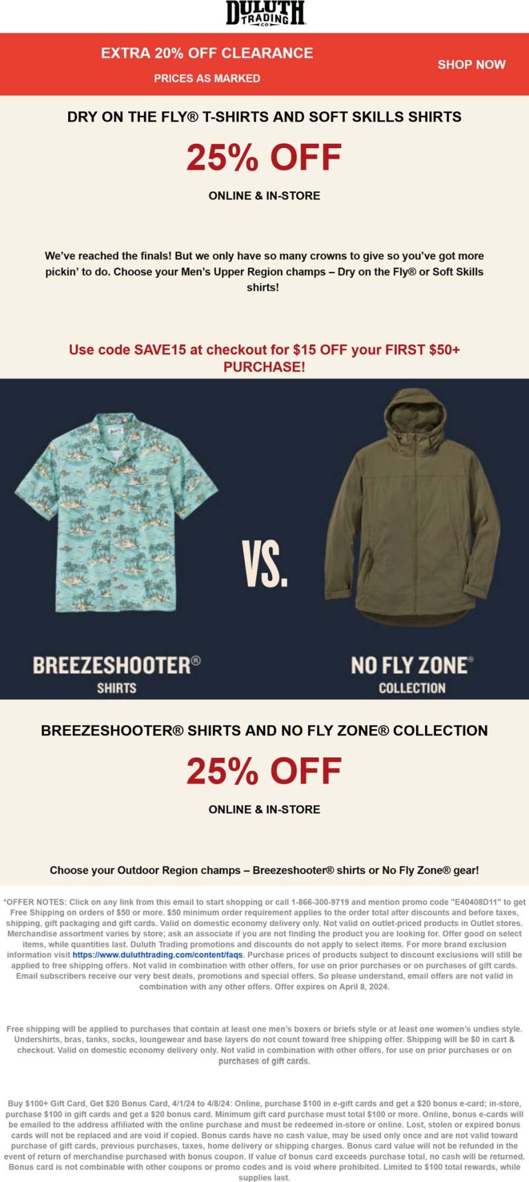 $15 off $50 & more at Duluth Trading Co via promo code SAVE15