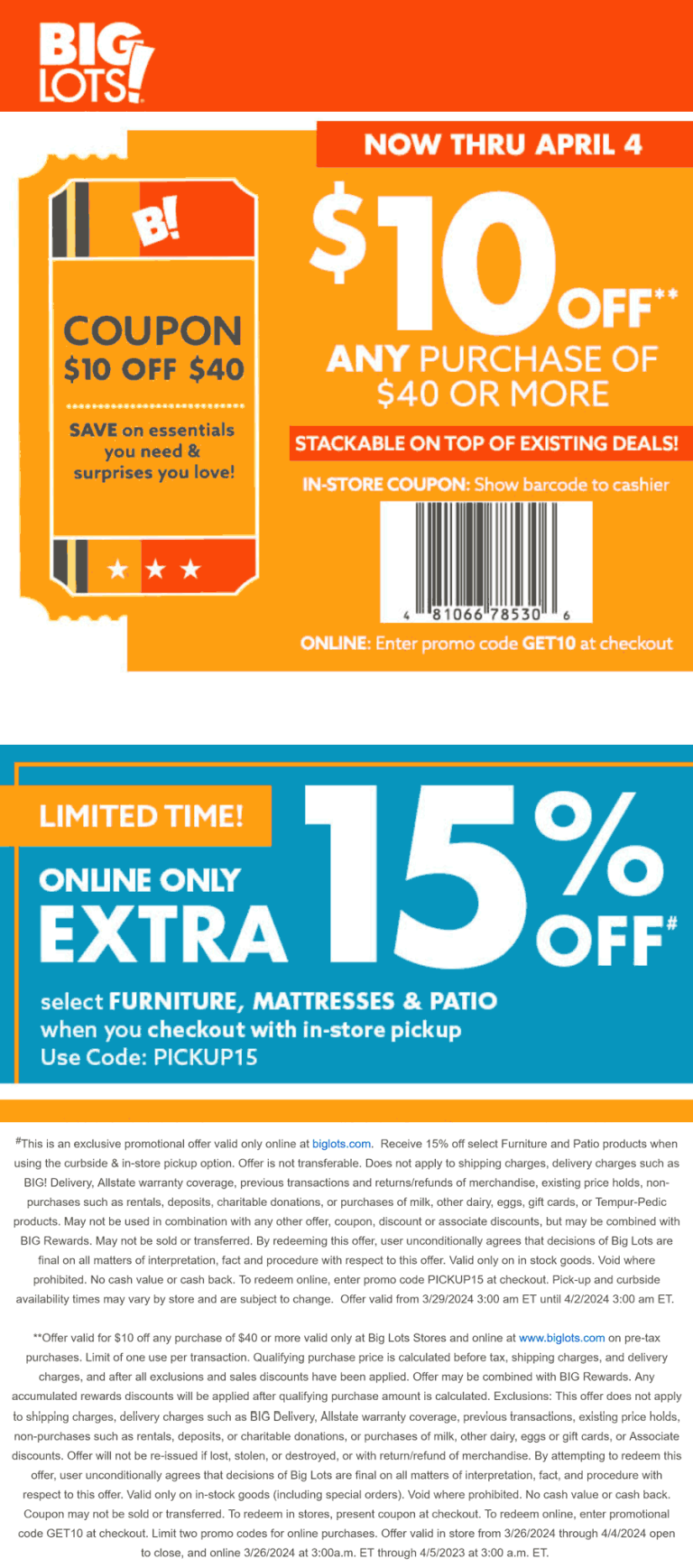 $10 off $40 at Big Lots, or online via promo code GET10