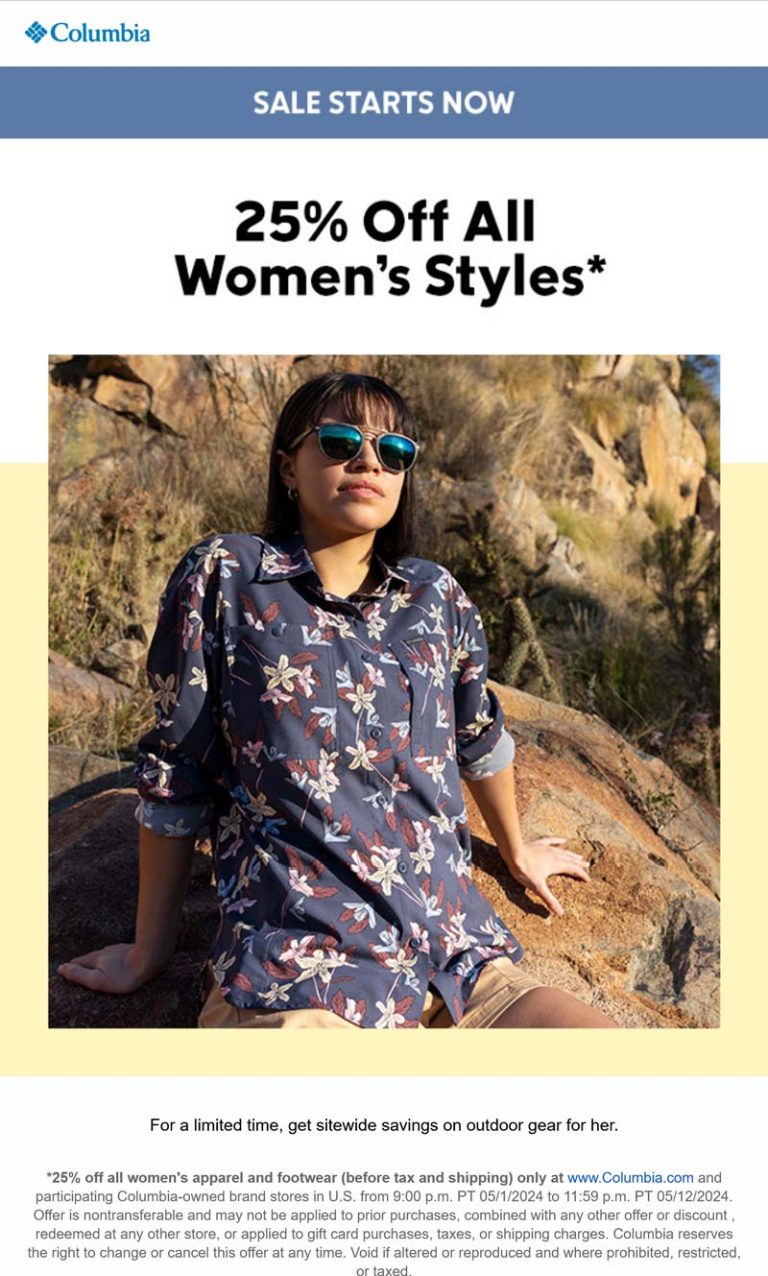 25% off womens apparel & footwear at Columbia, ditto online