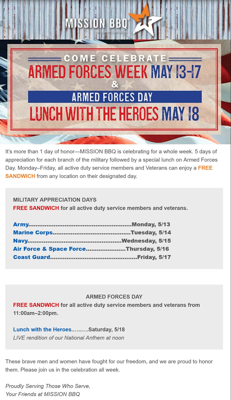 Active members & veterans enjoy a free sandwich at Mission BBQ 