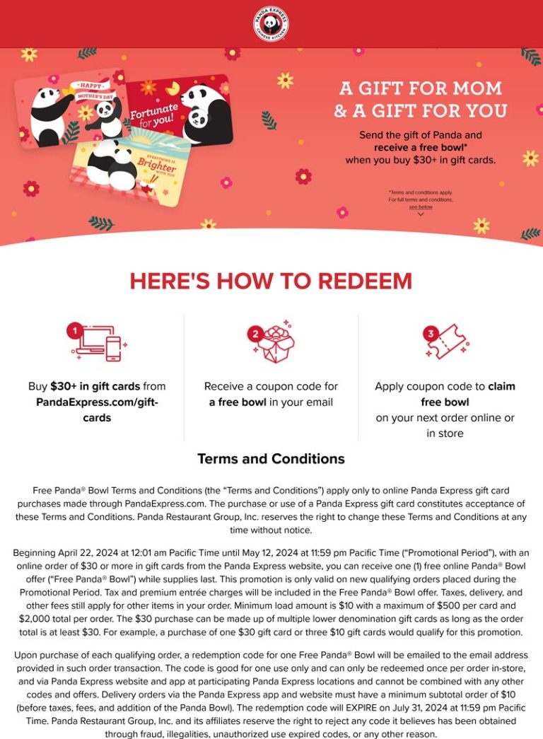 Free bowl with your $30 gift card order online at Panda Express restaurants