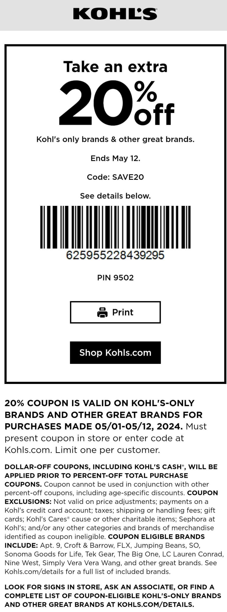 20% off at Kohls, or online via promo code SAVE20