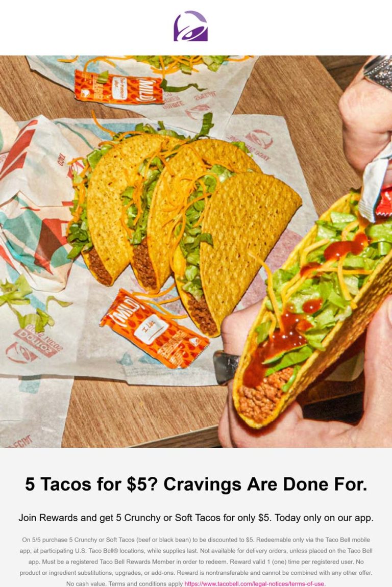 5 tacos for $5 today via mobile at Taco Bell