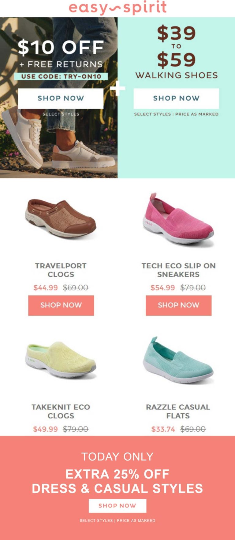 Extra 25% off dress & casual styles today at Easy Spirit, also $10 off via promo code TRY-ON10