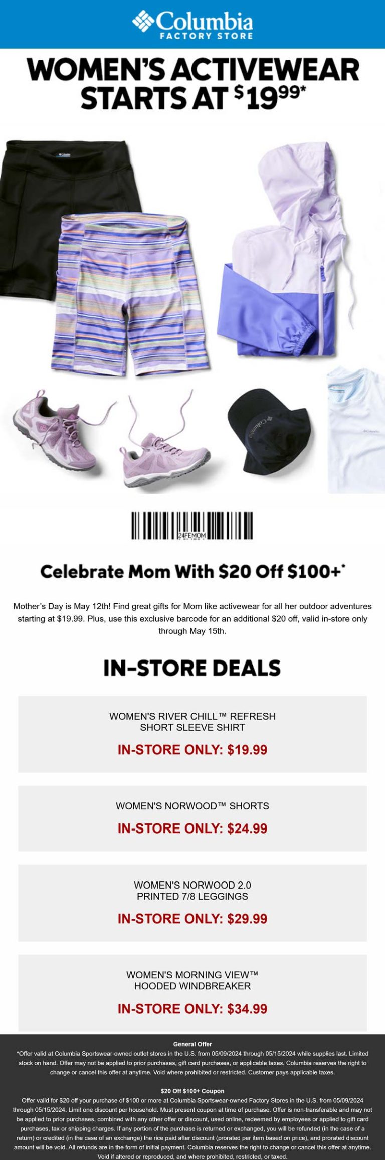 $20 off $100 at Columbia Factory stores