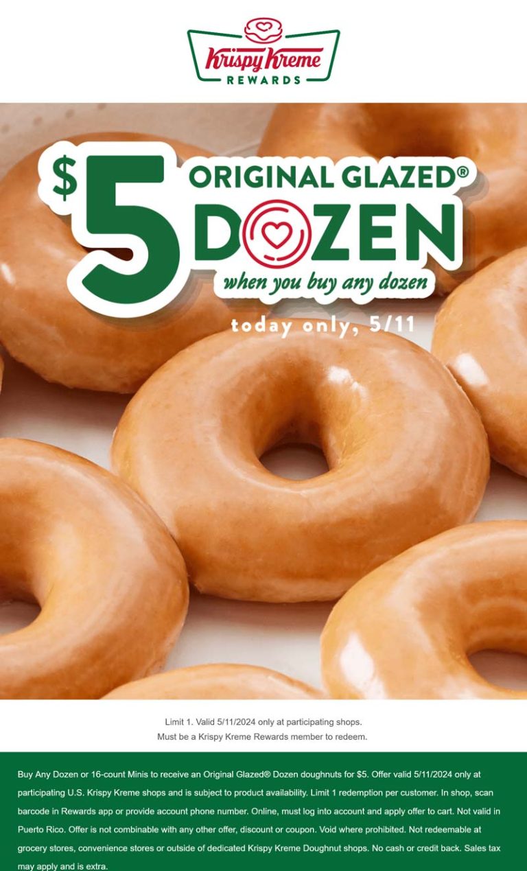 Second glazed dozen $5 today via login at Krispy Kreme doughnuts