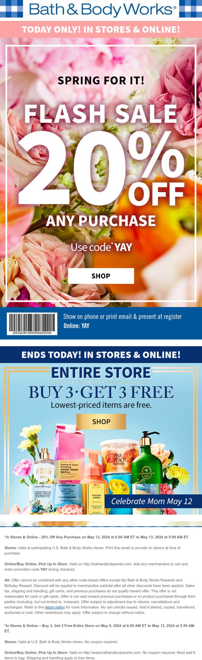 20% off today + 6-for-3 on body care at Bath & Body Works, or online ...