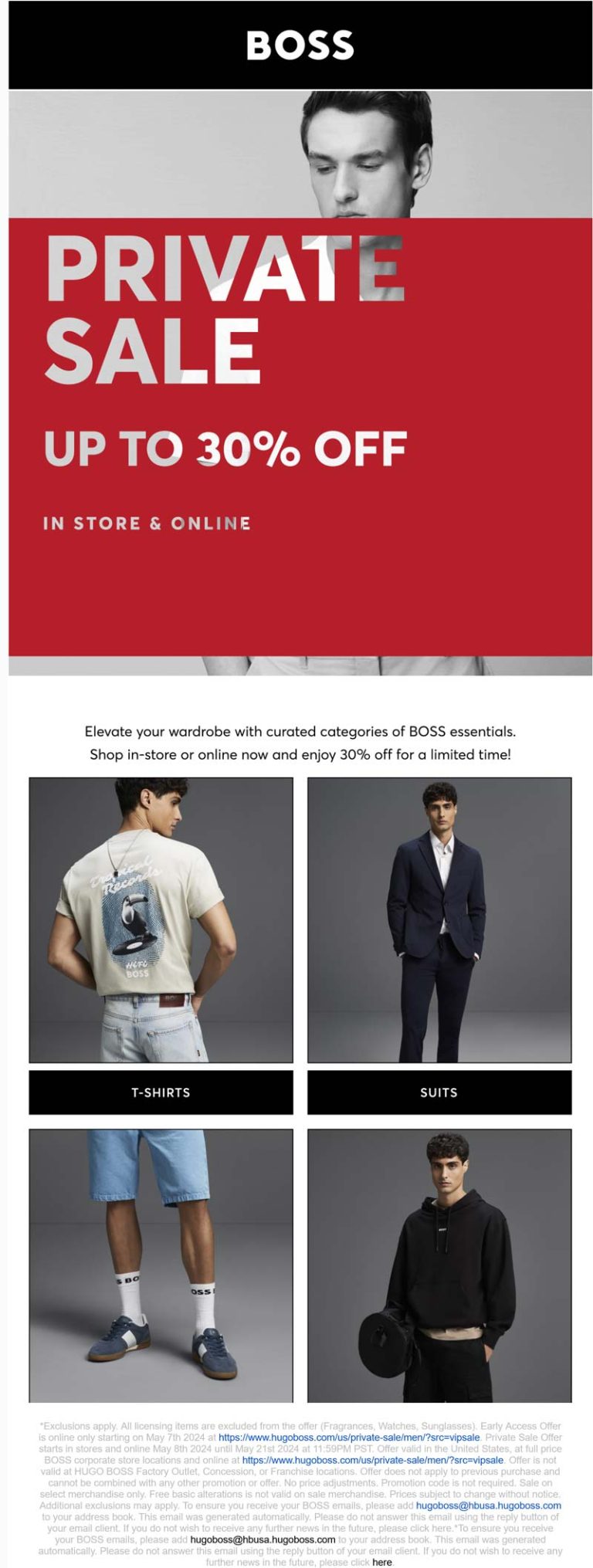 30% off essentials at BOSS, ditto online