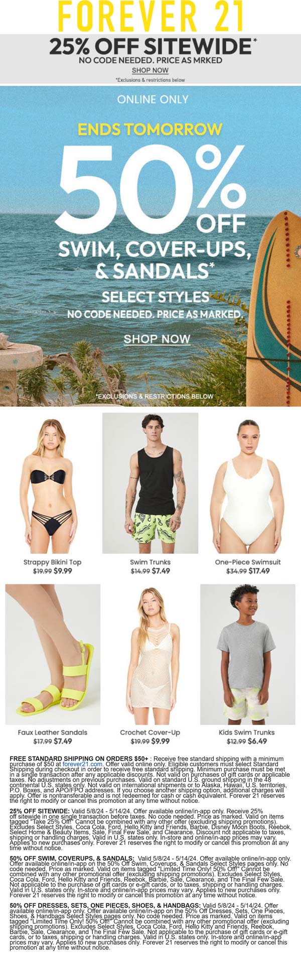 50% off swim & more online at Forever 21