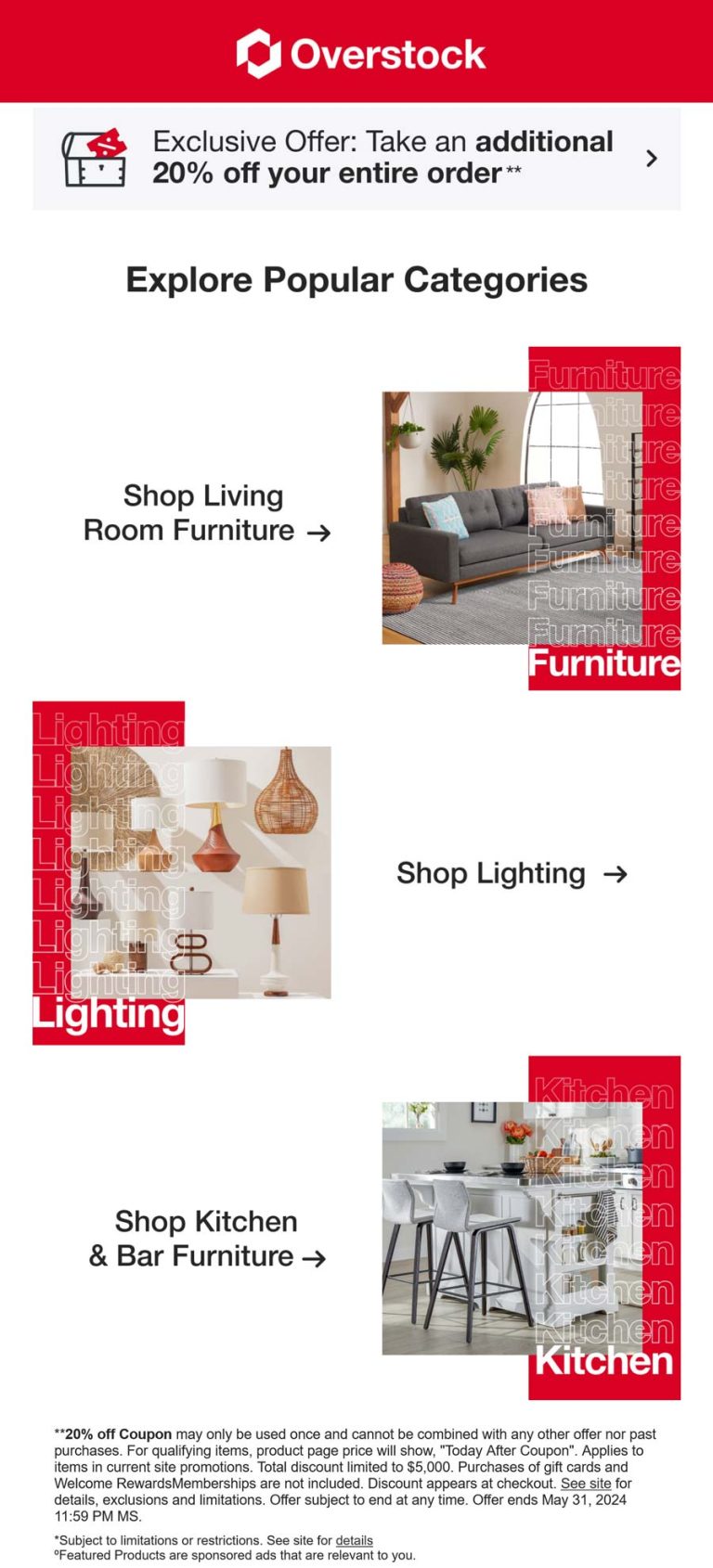 20% off everything online at Overstock