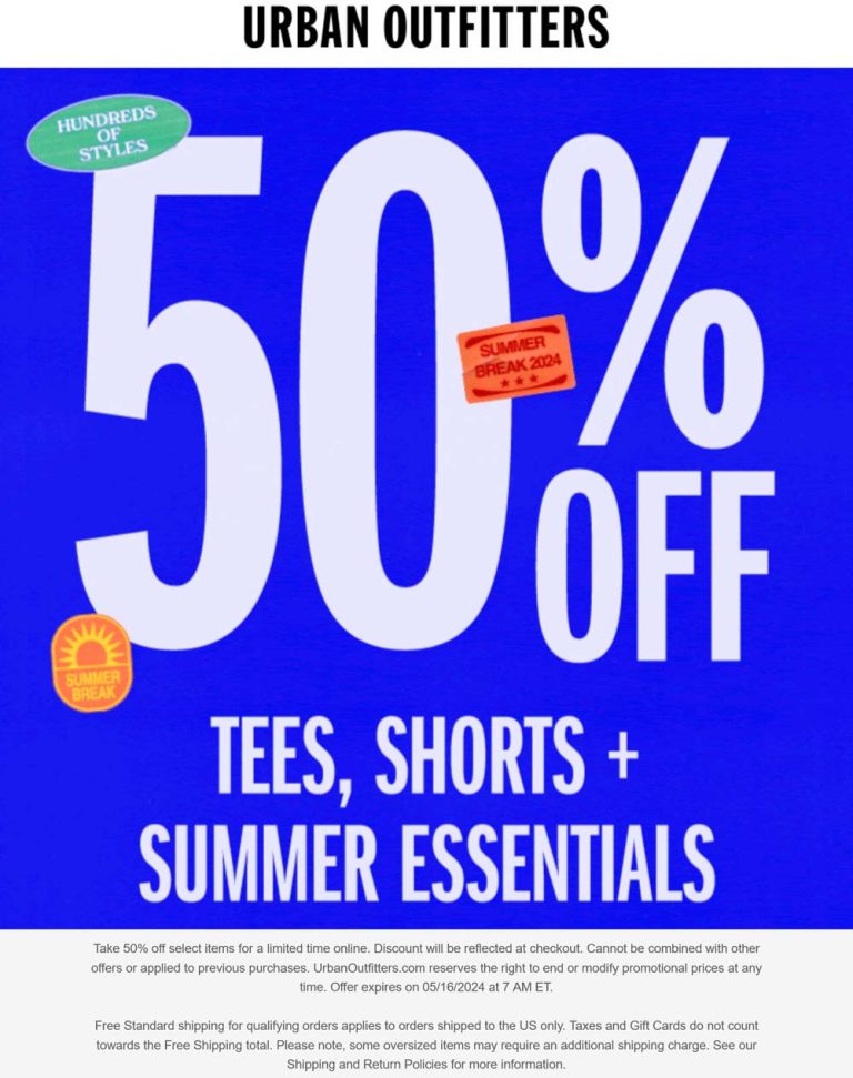 50% off tees, shorts & summer essentials online at Urban Outfitters