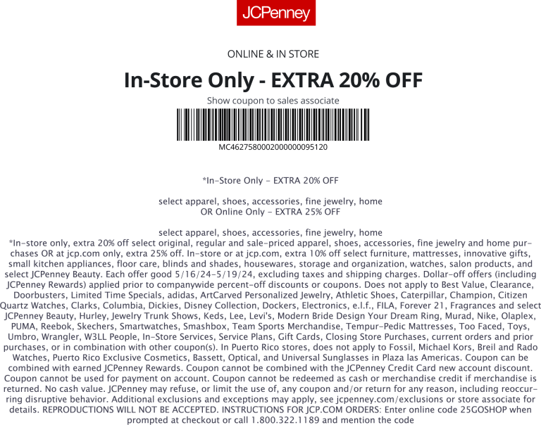 Extra 20% off at JCPenney, or online via promo code 25GOSHOP