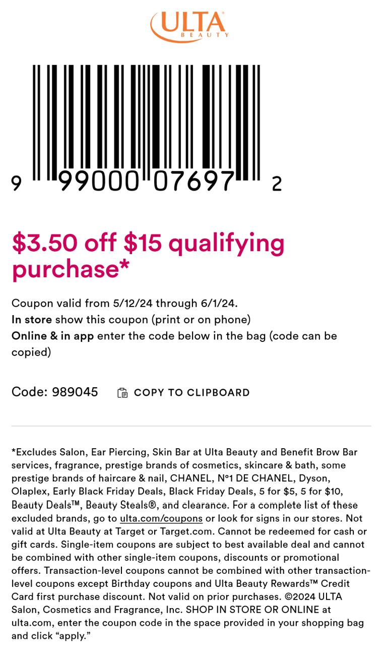 $3.50 off $15 at Ulta beauty, or online ivia promo code 989045