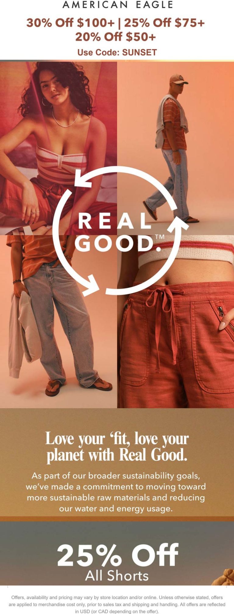 20-30% off $50+ at American Eagle via promo code SUNSET