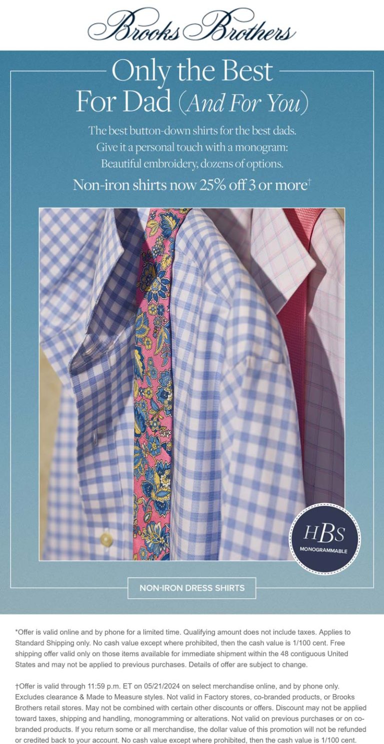 25% off 3+ non-iron shirts at Brooks Brothers