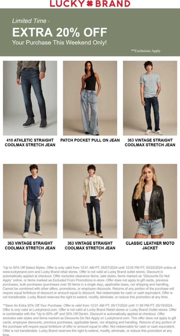 Extra 20% off online today at Lucky Brand